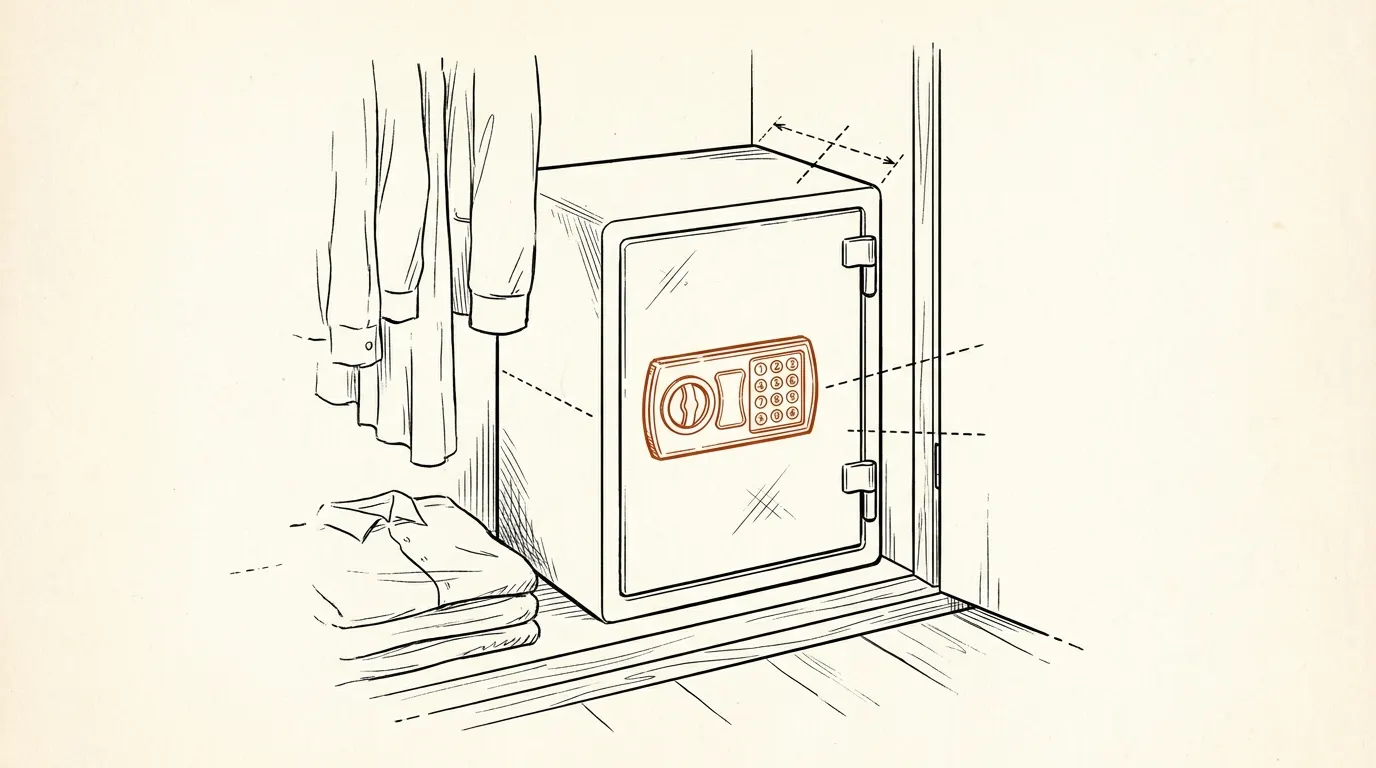 Illustration of a compact gun safe on the floor of a narrow apartment closet beside hanging clothes