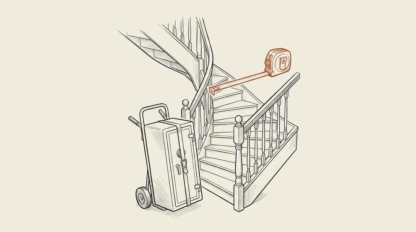 Compact gun safe on a hand truck at the foot of a narrow turning staircase, with a tape measure across the stairwell