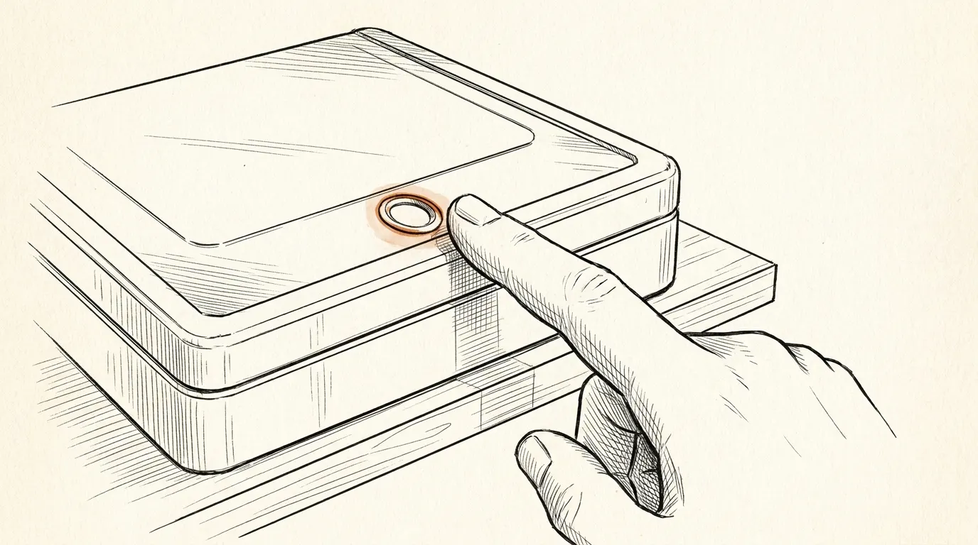 Illustration of a fingertip reaching for the fingerprint sensor on a small handgun safe