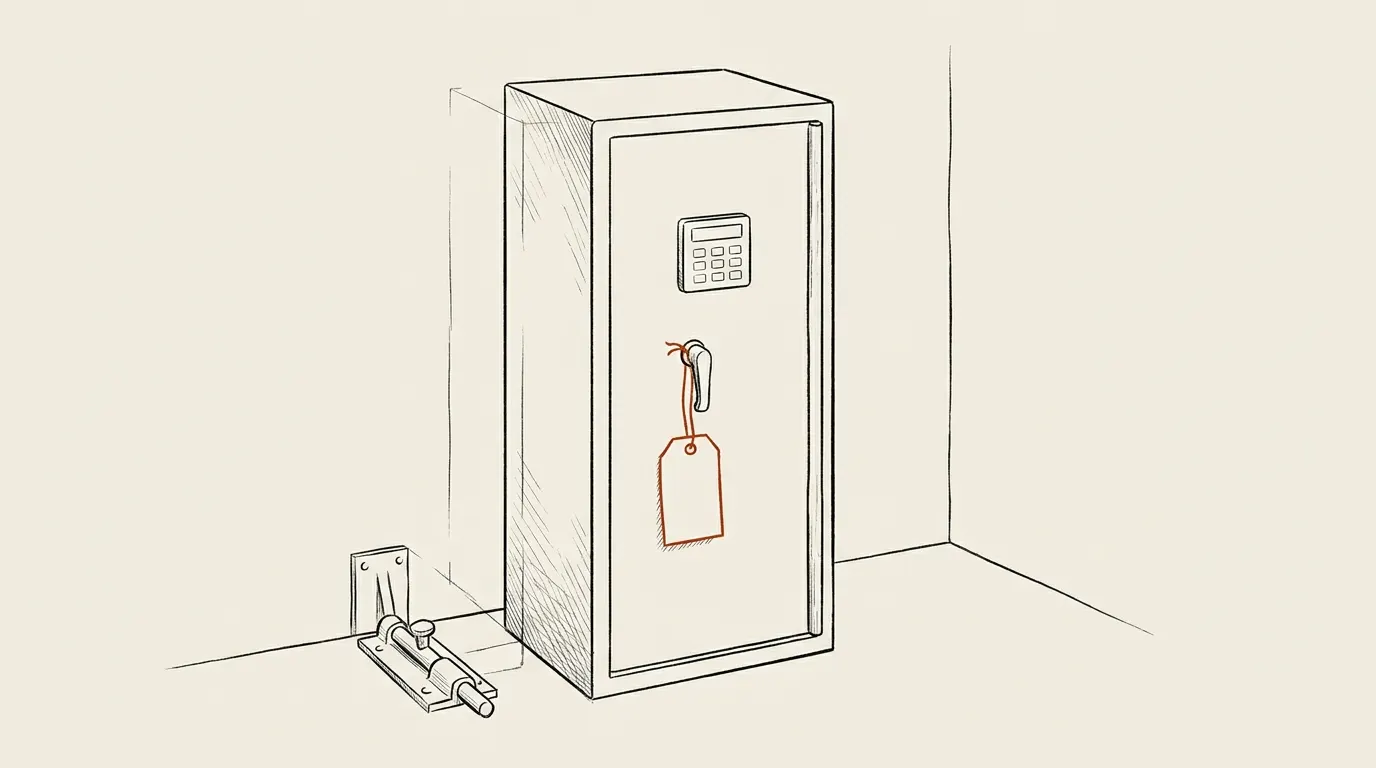 Illustration of a narrow steel gun safe with a blank tag on the handle and a floor bolt beside it