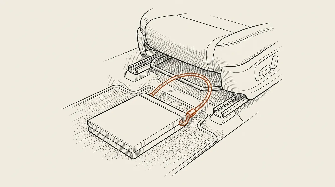 Illustration of a small steel lock box tethered by a cable to a car seat rail