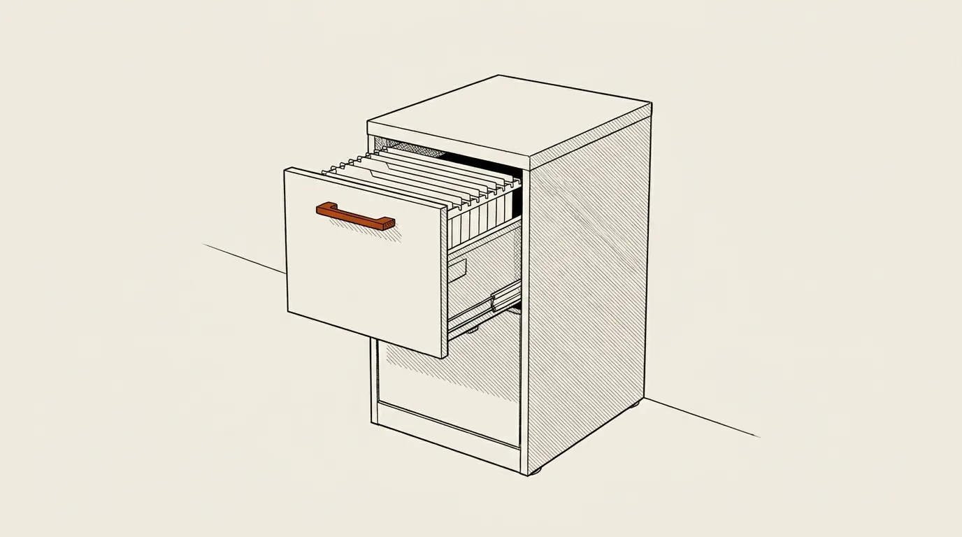 Illustration of a two-drawer fire-rated file cabinet with the top drawer partly open