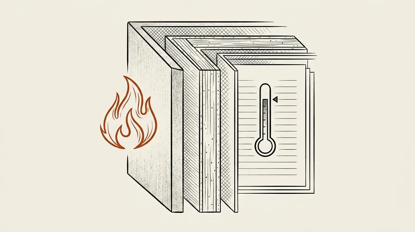 Cutaway diagram of a gun safe wall with fire board layers, a flame symbol outside and a thermometer inside