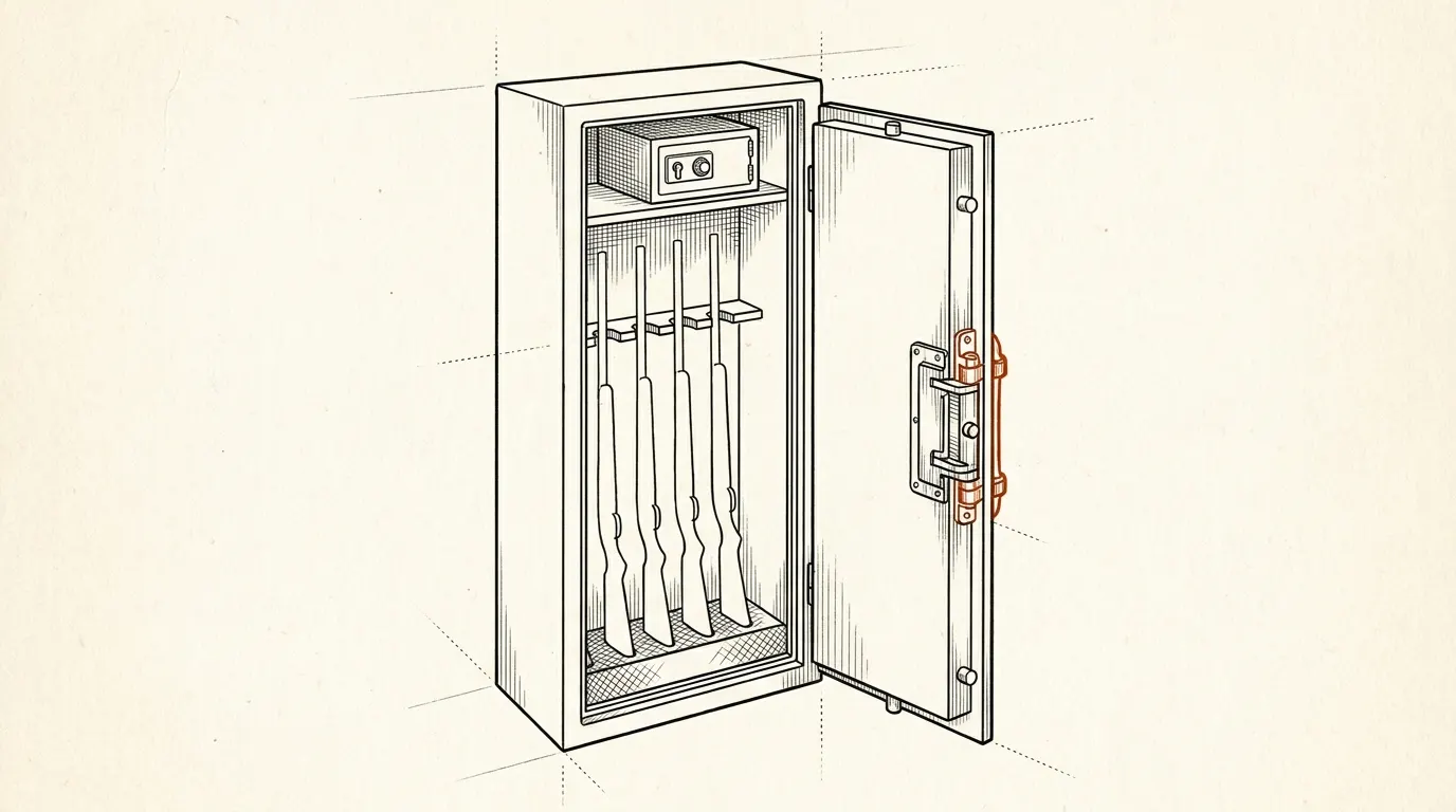 Illustration of an open slim steel gun cabinet with empty rifle slots and a small top lock box