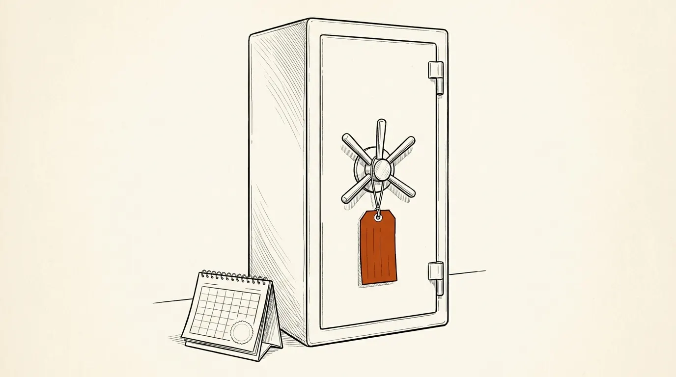 Illustration of a closed gun safe with a blank tag tied to its handle and a desk calendar beside it
