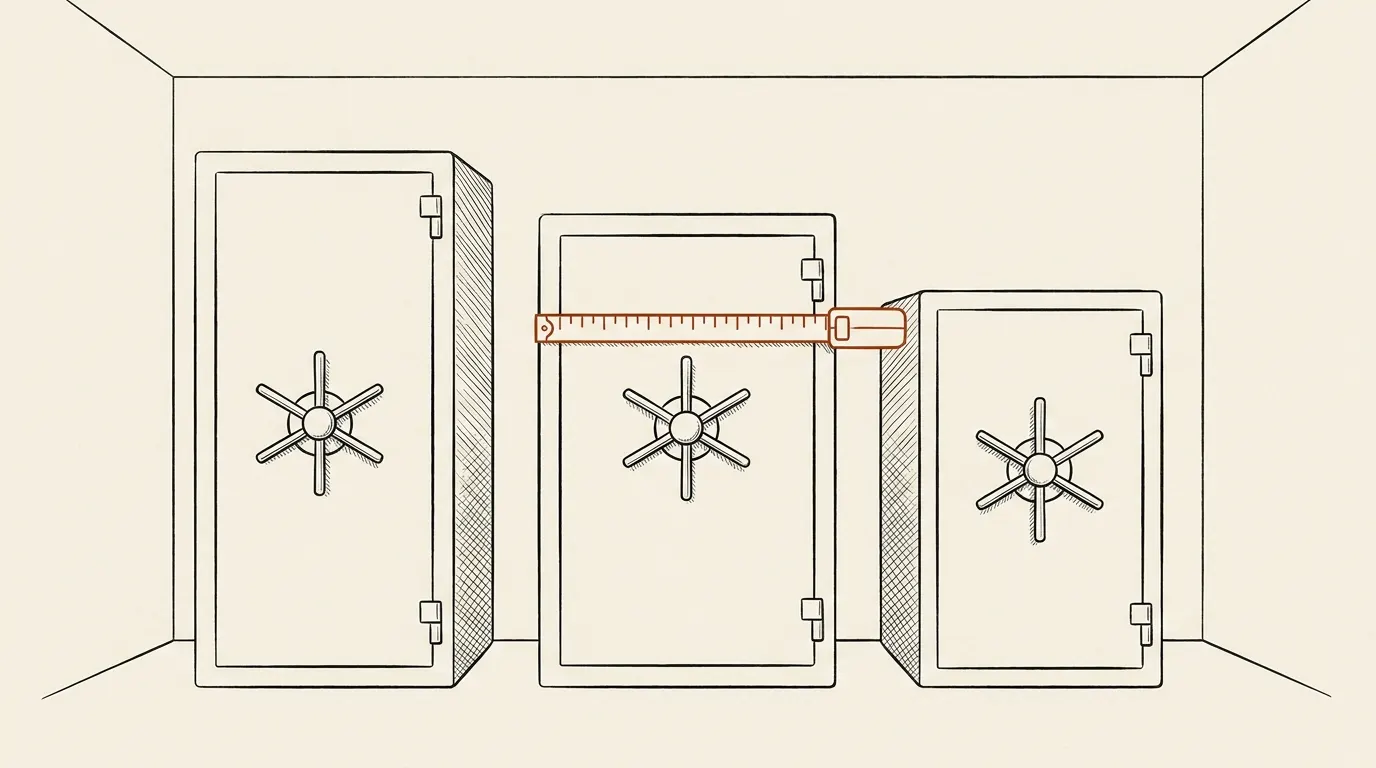 Illustration of three tall closed safes side by side with a tape measure across one door