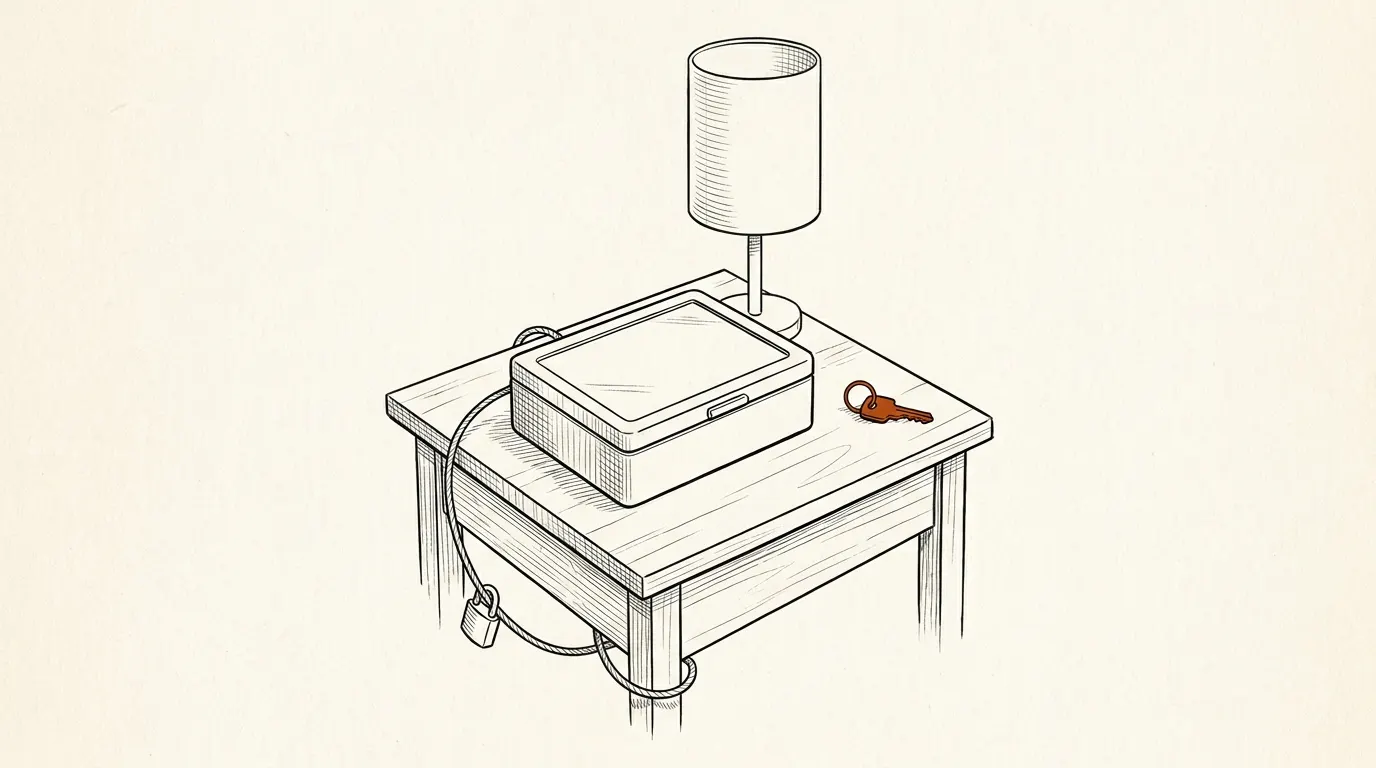 Illustration of a small closed handgun safe on a nightstand with a security cable and a key