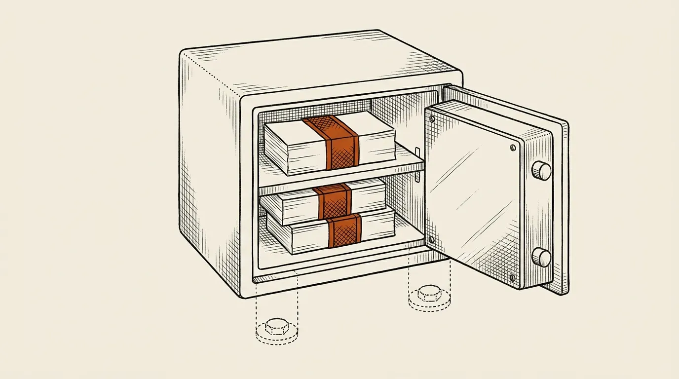 Illustration of a small home safe with the door open and plain paper bundles inside