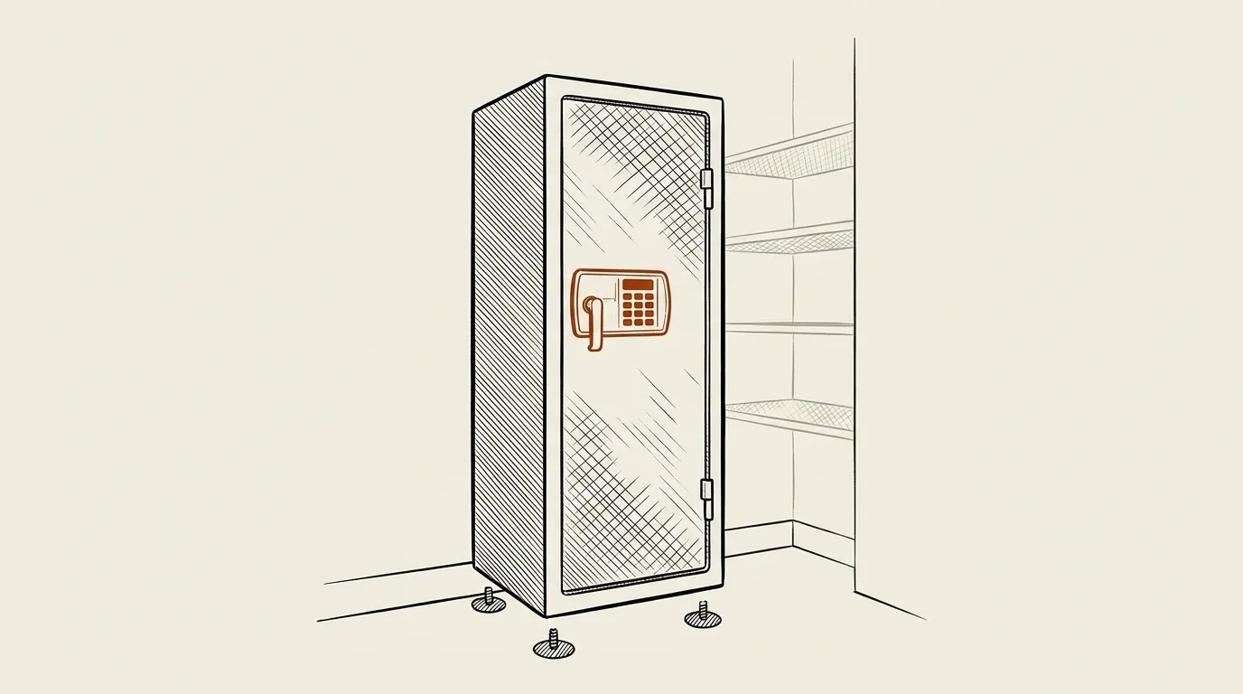 Illustration of a narrow closed rifle safe with a keypad standing in a closet corner