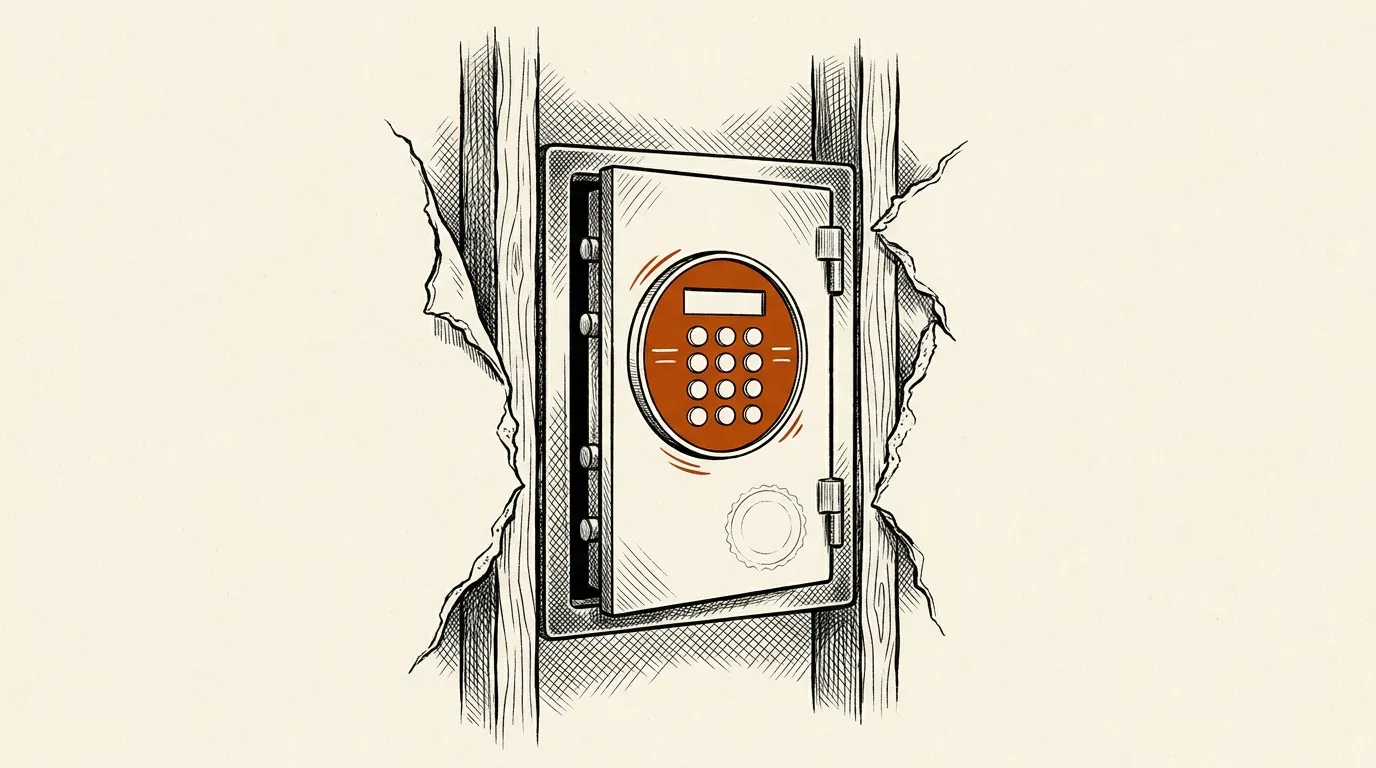 Illustration of a closed in-wall safe fitted between two wooden studs