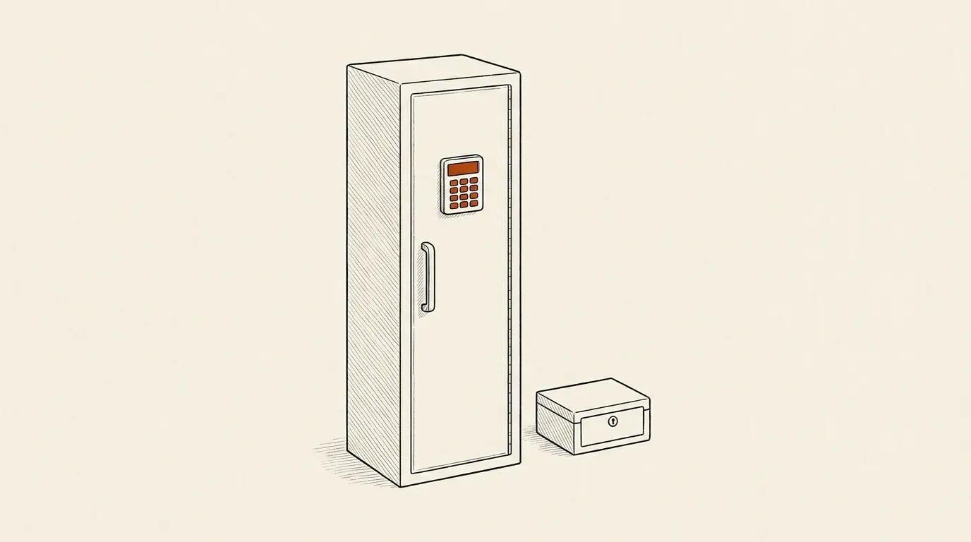 Illustration of a narrow budget rifle safe with a keypad beside a small handgun lock box
