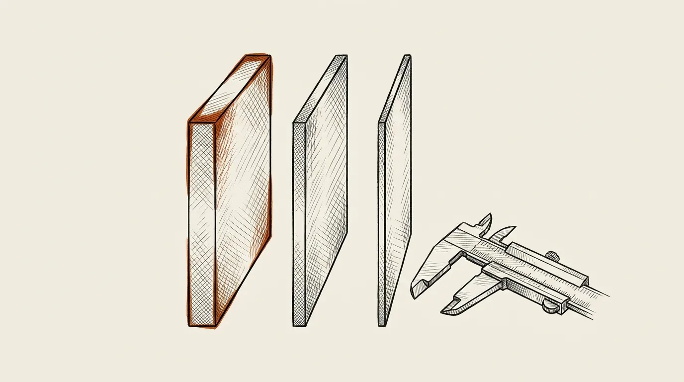 Three steel plates of decreasing thickness shown edge-on, with a caliper beside them